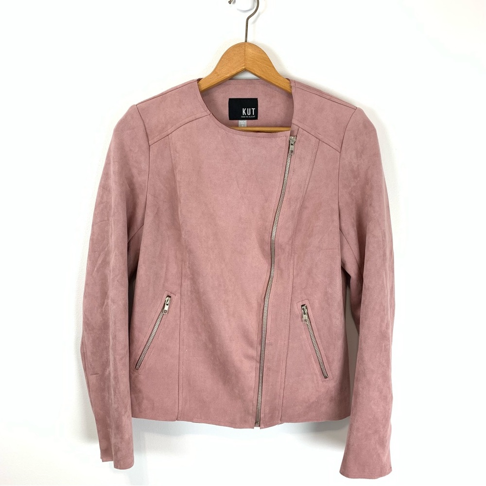 Kut from the Kloth Aria Faux Suede Moto Jacket in Rose Pink Size Small
